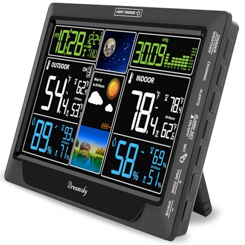 DreamSky Weather Station Indoor Outdoor Thermometer Wireless, Atomic Clock | Digital Large Colorful Display with Brightness Dimmer, Inside Outside Temperature Humidity Monitor for Home (Plug-in) - color: Jet Black with 1 Sensor