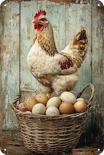 Retro Funny Chicken Tin Sign,Vintage Chicken Coop Metal Poster, Farm Wall Art Decor for Outdoor Home Fence Kitchen Bedroom,Gifts 8×12 Inches (CHICKEN&EGG) - color: CHICKEN&EGG