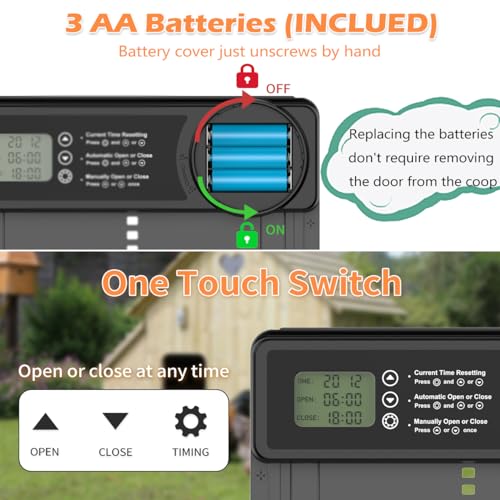 Automatic Chicken Coop Door - Aluminum Auto Chicken Coop Opener with Anti-Pinch Sensor, Battery Powered Chicken Door with Smart Timer & LCD Display, Waterproof