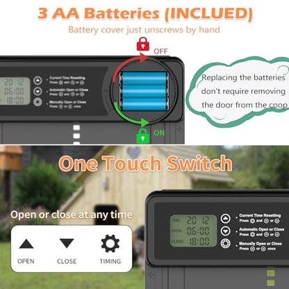 Automatic Chicken Coop Door - Aluminum Auto Chicken Coop Opener with Anti-Pinch Sensor, Battery Powered Chicken Door with Smart Timer & LCD Display, Waterproof