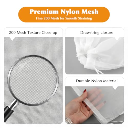 8 Pack 200 Mesh Nut Milk Bags for Straining, 12 x 8 Inch Reusable Nylon Food Grade Filter Cheese Cloth Bags for Straining Almond Milk, Juice, Yogurt, Tea & Coffee