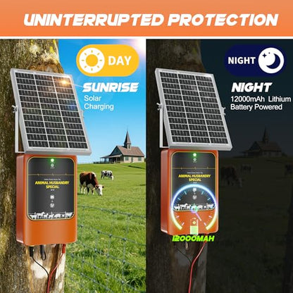 10-Mile Livestock Electric Fence, 12W Solar Panel Fast Charging,24-Hour uninterrupted Discharge to Drive Away Wild Animals, Built-in Large-Capacity Battery, can Last for X Hours (Orange Color)