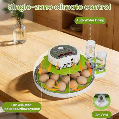18-Egg Incubator with Automatic Egg Turning & Humidity Control, HD Panoramic View, Built-in Candler for Hatching Chicken, Duck, Quail Eggs Farms, Science Labs, Classroom, Home Use