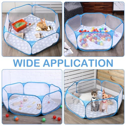 VitalCozy Hamster Playpen with Mat Small Animal Cage Tent Breathable Transparent Guinea Pig Playpen Waterproof Portable Yard Fence Mat Foldable Exercise Playpen Outdoor Indoor (Blue,Star) - color: Blue