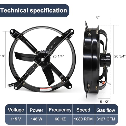 Criditpid 20 Inch Gable Mount Vent Attic Ventilator Fan, Exhaust Fan with Adjustable Thermostat for Gable, Attic, Shed, Greenhouse, Kitchen, Garage Vent Ventilation Exhaust Fan, 3127 CFM, Black
