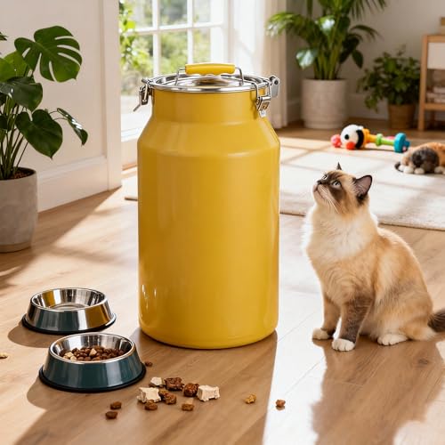 25 Lbs Stainless Steel Dog Food Storage Container with Scoop, Large Metal Dog Food Bin with Airtight Lid & Locking Clamp, Pet Treat Jars for Dogs & Cats, Keep Fresh, Yellow