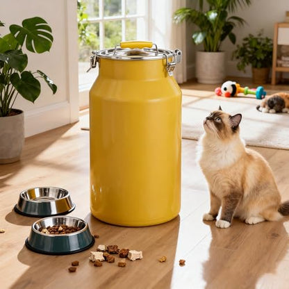 25 Lbs Stainless Steel Dog Food Storage Container with Scoop, Large Metal Dog Food Bin with Airtight Lid & Locking Clamp, Pet Treat Jars for Dogs & Cats, Keep Fresh, Yellow