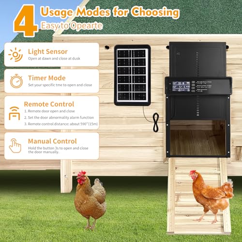 Automatic Chicken Coop Door Solar Powered, LCD Screen Auto Chicken Coop Door with Timer & Light Sensor, Anti-Pinch, Remote Control, Aluminum Waterproof, 4 Modes Solar Chicken House Door