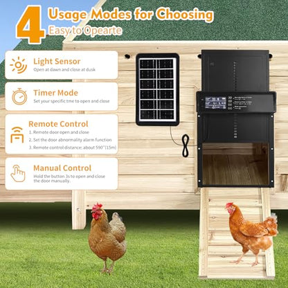 Automatic Chicken Coop Door Solar Powered, LCD Screen Auto Chicken Coop Door with Timer & Light Sensor, Anti-Pinch, Remote Control, Aluminum Waterproof, 4 Modes Solar Chicken House Door