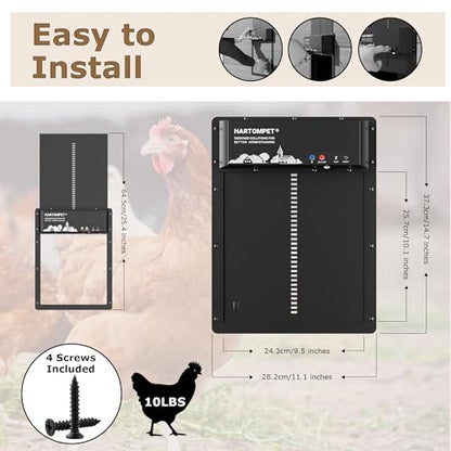 Automatic Chicken Coop Door – App-Controlled Schedule, Solar/Battery/Plug-in Powered, Anti-Pinch Motion Sensor with Resistance Detection, Weatherproof Aluminum Electric Door - HARTOMPET