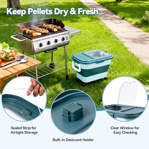 Wood Pellet Storage Container 20-25lbs, Airtight Bin with Locking Lid & Clear Window, Collapsible Pellet Bucket with Wheels, Scoop & Labels, Dark Green - color: Green-M