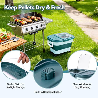 Wood Pellet Storage Container 20-25lbs, Airtight Bin with Locking Lid & Clear Window, Collapsible Pellet Bucket with Wheels, Scoop & Labels, Dark Green - color: Green-M