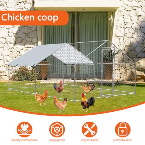 Outdoor Metal Chicken Coop Large Walk-in Poultry Cage Spire-Shaped Chicken Run with Waterproof and Anti-Ultraviolet Cover for Outside,Backyard and Farm,9.8' L*9.8' W*6.4' H - size: 117.6"L x 117.6"W x 76.8"H