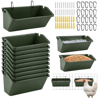 Wenqik 10 Pack Chicken Feeder Waterer Hanging Goat Feeders, 5 Quart Fence Mount Poultry Feed Troughs with Metal Clips and Screws, Livestock Feed Buckets for Sheep Duck Coop, Farm, Geese (Green) - color: Green