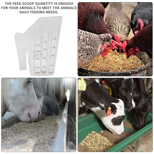 Tharos Distribution Clear Plastic Feed Scoop with Measurement Markings, Durable Sturdy Handle, Reusable Pellet Scoop for Horse Goat Sheep Cattle Stable Feeding, Large