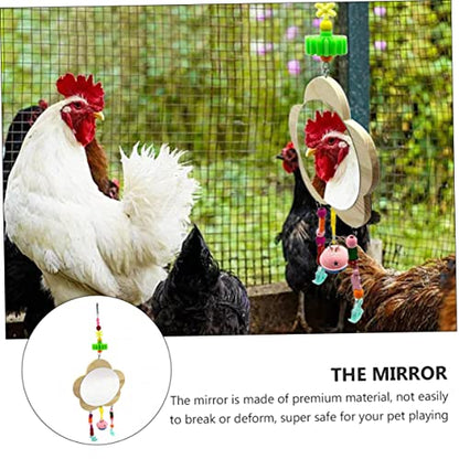 Sosoport Rooster Chicken Mirror Toy Bell Pendant for Cage Interactive Wooden Pet Supplies for Hens Reduces Boredom and Encourages Playfulness