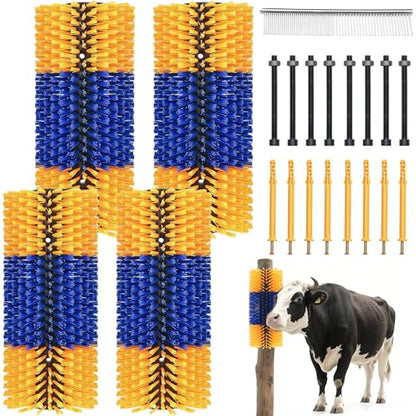 2/4-Pack Livestock Scratching Brush for Goats, Cattle, Horses & Sheep, Heavy Duty Goat Grooming Massage Brush Wall Mount with Screws for Farm Animals (Classic Blue Yellow, 4pack) - size: 4pack