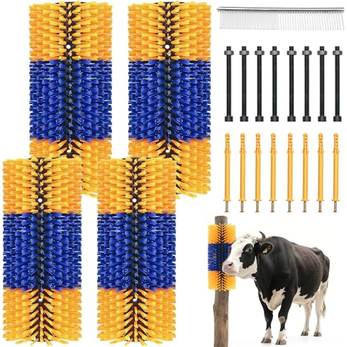 2/4-Pack Livestock Scratching Brush for Goats, Cattle, Horses & Sheep, Heavy Duty Goat Grooming Massage Brush Wall Mount with Screws for Farm Animals (Classic Blue Yellow, 4pack) - size: 4pack