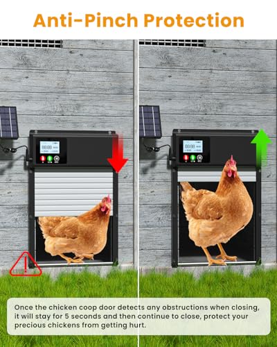 Automatic Chicken Coop Door with WiFi Remote Control, 2025 Upgraded 8000mAh Solar Powered Automatic Chicken Coop Opener with LCD Display & Timer & Light Sensor, with Anti-Pinch Design