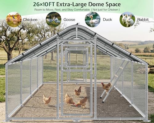 26×10 FT Extra Large Walk-in Chicken Coop, Spire Roof Chicken Run with Cover, Front & Rear Doors, Feeding Door, Roosting Ladder, Galvanized Steel Frame - size: 298.4"L x 118.1"W x 77.6"H