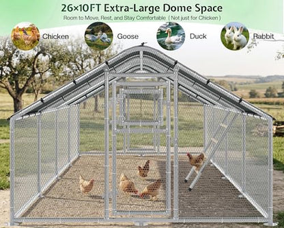 26×10 FT Extra Large Walk-in Chicken Coop, Spire Roof Chicken Run with Cover, Front & Rear Doors, Feeding Door, Roosting Ladder, Galvanized Steel Frame - size: 298.4"L x 118.1"W x 77.6"H