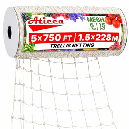 ATICCA Trellis Netting 5 x 750 ft Heavy Duty Polyester Plant Support Netting White - 6 Inch Garden Rope Trellis on Roll - Mesh Twine for Growing Vine Climbing Plants, Flowers, Peas, and Tomatoes. - size: 5x750ft Polyester Trellis Netting
