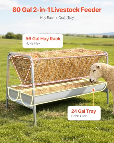 VEVOR Livestock Hay Feeder, 2 in 1 Grain & Hay Feeder, 80-Gallon Capacity, 57.9" Long Goat Pasture Feeding with Deeper Feeding Pan, Heavy Duty Steel Grain Holder for Sheep Sheds, Farms, Horse Barns