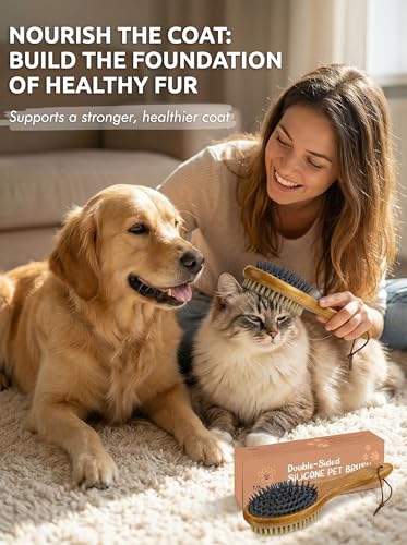 TAKAVU Short Hair Dog & Cat Deshedding Brush - Double Sided Grooming Tool with Silicone Massage & Bristle Sides - Removes Loose Fur & Dirt - Wood Handle - color: White Boar Bristle & Silicone Brush
