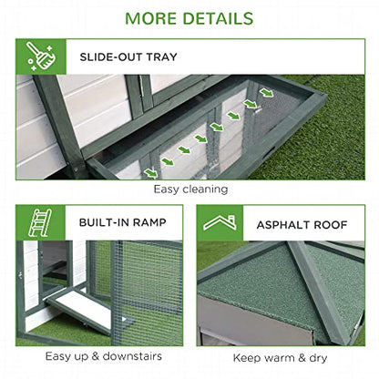 PawHut 77" Wooden Chicken Coop with Nesting Box, Cute Outdoor Hen House with Removable Tray, Ramp Run, for Garden Backyard, Green - color: Green