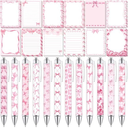 Dispowreath 24 Pcs Pink Bow Sticky Notes with Pens Coquette Bow Themed Self Adhesive Notepad Black Ink Ballpoint Pen Office Supplies Coquette Gift for Birthday, Bachelorette, Bridal, Engagement - style: Pink bow