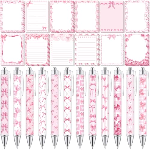 Dispowreath 24 Pcs Pink Bow Sticky Notes with Pens Coquette Bow Themed Self Adhesive Notepad Black Ink Ballpoint Pen Office Supplies Coquette Gift for Birthday, Bachelorette, Bridal, Engagement - style: Pink bow
