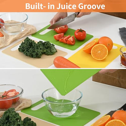 Luckyiren Cutting Board Set of 4, 11.4" x 7.5" x 0.1", Red Green Yellow White, Plastic Kitchen Cutting Boards with Juice Groove & Handle Hole, Lightweight & Dishwasher Safe - color: Macaron; 6-Pack