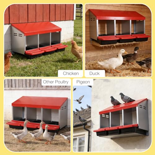 Aivituvin Chicken Nesting Box, 3 Compartments Chicken Egg Laying Box, Metal Nesting Boxes with Swing Perch for Chickens, Roll Away Egg Collection for Chicken Coop (Red) - color: Red