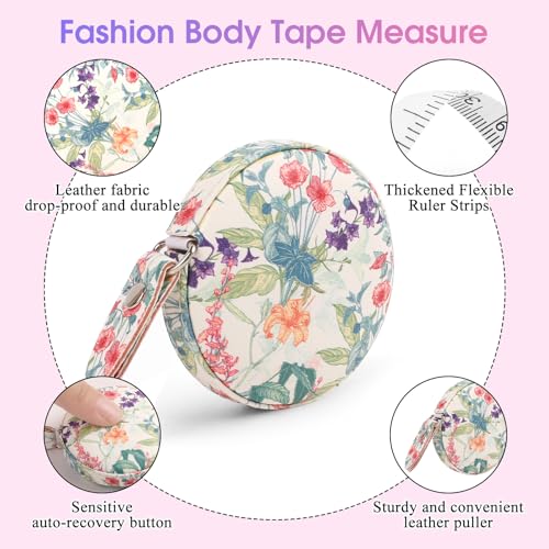 Retractable Mini Tape Measure, Auto-Retract, Premium Leather Tape Measure, Dual-Sided Ruler, Ideal for Fabric Cutting, Body Measurements, and Handicrafts (Trumpet Flowers) - color: Colorful Trumpet Flowers