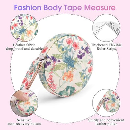 Retractable Mini Tape Measure, Auto-Retract, Premium Leather Tape Measure, Dual-Sided Ruler, Ideal for Fabric Cutting, Body Measurements, and Handicrafts (Trumpet Flowers) - color: Colorful Trumpet Flowers
