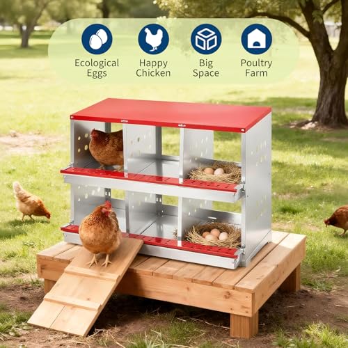 Metal Chicken Nesting Boxes - 8 Hole Wall-Mountable Laying Boxes with Flip-Top Lid & Roll-Away Egg Collection, Weatherproof Galvanized Steel, Includes 8 Fake Eggs for Chicken Coop, Red - color: Red, size: 6 compartment with Flip-top Egg collection box