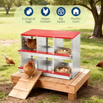 Metal Chicken Nesting Boxes - 8 Hole Wall-Mountable Laying Boxes with Flip-Top Lid & Roll-Away Egg Collection, Weatherproof Galvanized Steel, Includes 8 Fake Eggs for Chicken Coop, Red - color: Red, size: 6 compartment with Flip-top Egg collection box
