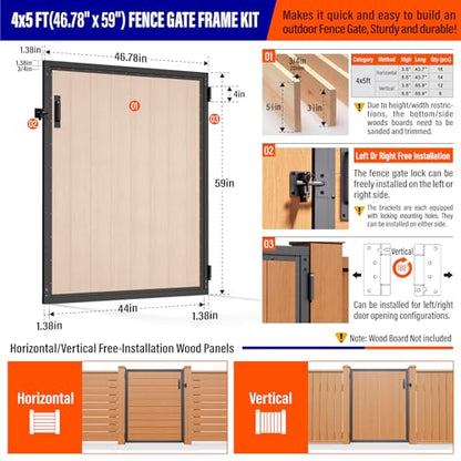 4x5FT (46.78"W X 59"H) 201 Stainless Steel Anti Sag Wooden Fence Gate Kit Heavy Duty Garden Gate Frame Hardware Kit Reinforcement (Left/Right Free-Installation) - size: W4xH5 FT