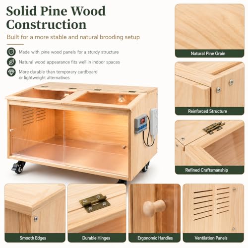 Brooder Box for Chicks, Premium Wooden Chicken Brooder Box with Heat Lamps, Thermostat & Locking Casters, Indoor Chick Brooder Box for Ducklings, Quail and Dwarf Hamster (32x16x16 in) - size: 32.0"L x 16.0"W x 16.0"H