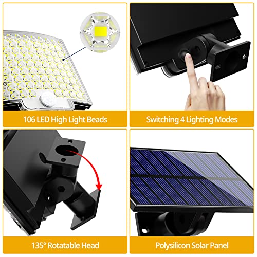 Solar Lights Outdoor, 106 LED 3000LM Solar Powered Motion Sensor Flood Lights with Remote, Dusk to Dawn Led Solar Security Wall Lights with 16.5Ft Cable IP65 Waterproof for Outside, Garage, 2 Pack - size: 2