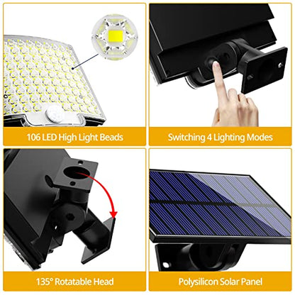 Solar Lights Outdoor, 106 LED 3000LM Solar Powered Motion Sensor Flood Lights with Remote, Dusk to Dawn Led Solar Security Wall Lights with 16.5Ft Cable IP65 Waterproof for Outside, Garage, 1 Pack - size: 1