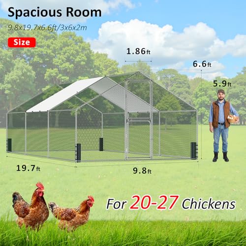 Large Metal Chicken Coop, Walk-in Chicken Run with Feeding Door, Security Lock and Cover, Outdoor Duck/Rabbit Cage Poultry Pen for Backyard, Farm, Yard (Silver - Spire Roof, 19.6 x 9.8 x 6.6 FT) - size: 235.0"L x 118.1"W x 78.8"H