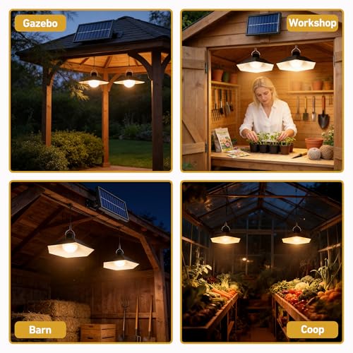 Solar Chicken Coop Light with Timer, 2 Lights Warm White Shed Light with Remote & Dusk to Dawn Sensor, Waterproof Hanging Pendant Lamp for Outdoor Indoor Barn, Gazebo, Poultry, Greenhouse