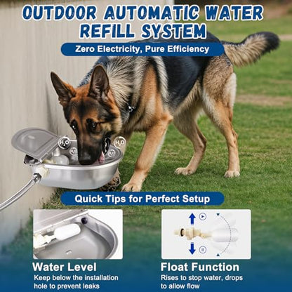 Automatic Dog Waterer Outdoor, 304 Steel Auto Fill Bowl for Livestock | No Electricity Needed, Bottom Drain Plug, Includes Spare Float Valve, Rust-Resistant & Easy Clean