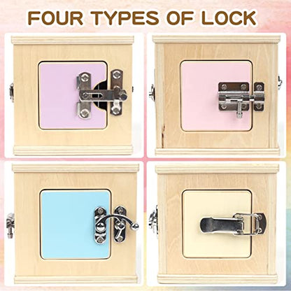 Montessori Wooden Lock Box with 4 Doors — Fine Motor Skills Activity Board for Toddlers 1-4, Problem Solving Toy with Different Lock Mechanisms, Natural Beech Wood Educational Gift