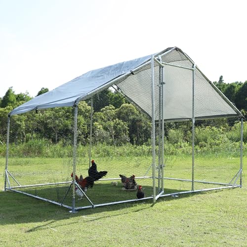 Large Metal Chicken Coop Run, 9.8x6.5x6.4FT Outdoor Walk-in Poultry Cage Hen Playpen House with Waterproof Cover and Lockable Door for Yard Farm - size: 6.5' L x 9.8' W x 6.4' H