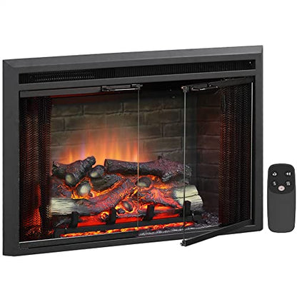 PuraFlame Klaus Electric Fireplace Insert with Fire Crackling Sound Glass Door and Mesh Screen, 750/1500W, Black, 33 1/16 Inches Wide, 21 Inches High, 33 1/16 W X 21 H X 7 51/64 D - size: 33" Low without Trim
