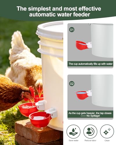 Chicken Waterer Cups (16 Pack) with 3/8" Drill Bit - Red | Automatic Poultry Drinker Feeder Kit for Chickens, Ducks, Turkeys, Quail, Bunnies | DIY Gravity Fed Bucket Water Dispenser - color: Red, size: 16 Pack + Drill bit