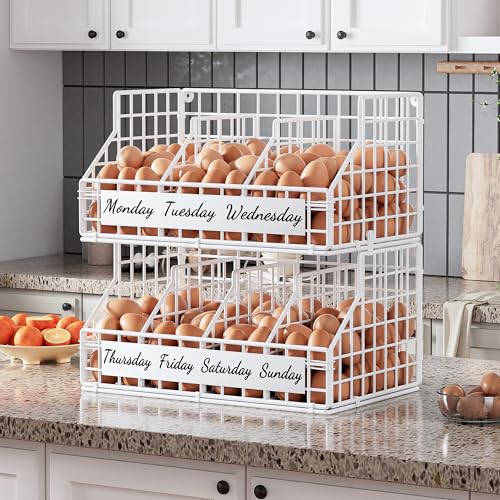Egg Basket for Countertop, Egg Holder Countertop with 5 Dividers & Labels, 2 Tier Stackable Wire Storage Baskets to Keep Fresh Eggs Organized, Egg Organizer for Kitchen & Decorative Rack Home, White - color: XL-White(15.7W x 15.8H)