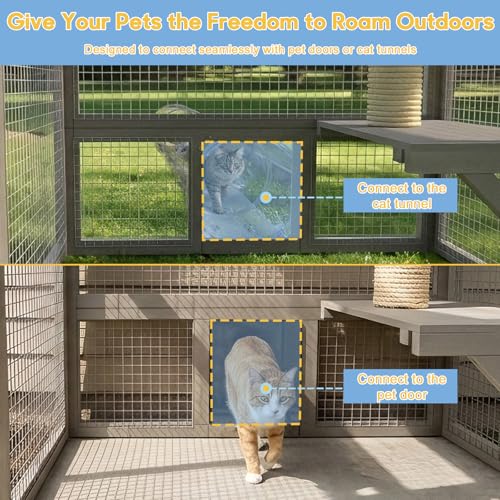 Catio Outdoor Cat Enclosure Large Walk-in Cat House with Flat Roof and Multi-Level Platforms, Cat Hammock & Litter Box Shelf, Elevated Wooden Cat Shelter for Multiple Cats, Backyard Patio Garden - size: 61.5"L x 34"W x 57.5"H